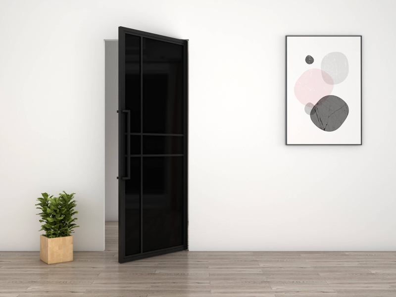 Taatsdeur 6 vaks modern met zwart gerookt glas in standaard maten