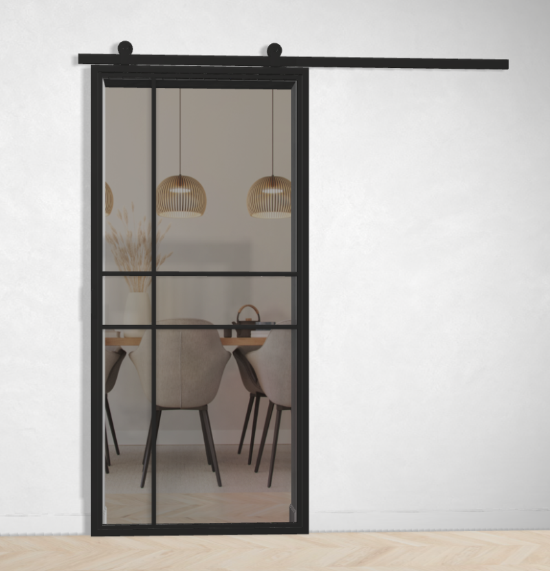 Outlet: Schuifdeur Staal en Glas 6 vaks modern met grijs gerookt glas 102 x 205 cm