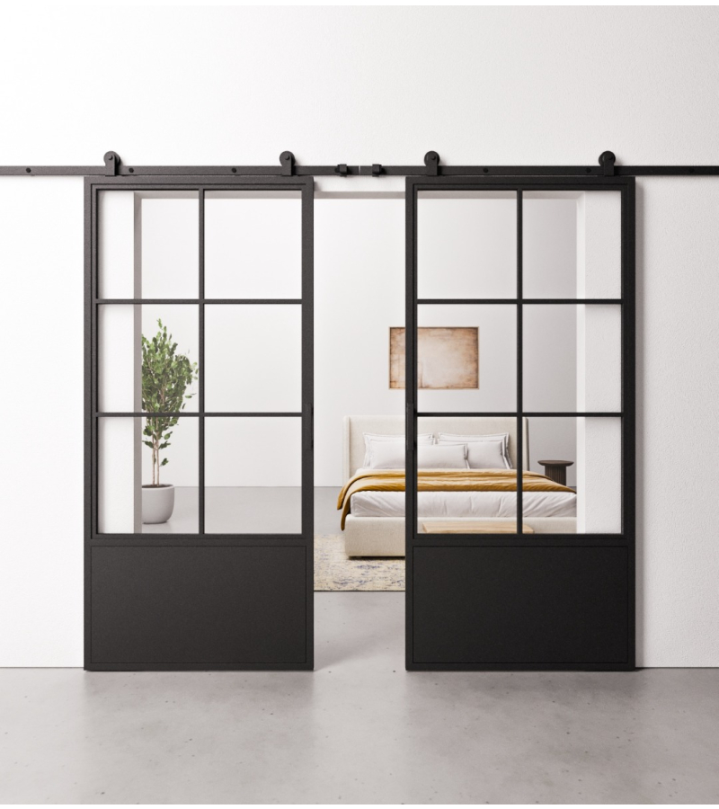 Schuifdeur Staal en Glas Dubbel 6 vaks met kickplate