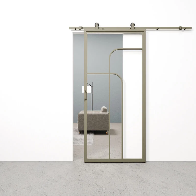 Schuifdeur staal en glas Double Arc olijfgrijs