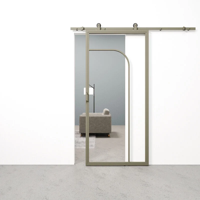 Schuifdeur staal en glas Arc olijfgrijs