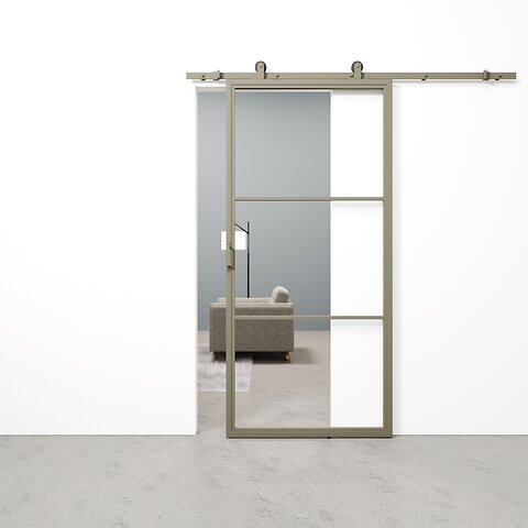 Floorweb_Studio_Olijfgroen_Schuifdeur_staal-glas_3-vaks_helder
